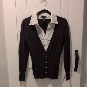 Questions Brown 2 in 1 Cardigan Sweater Blouse with Studded White Collar, Sz. M
